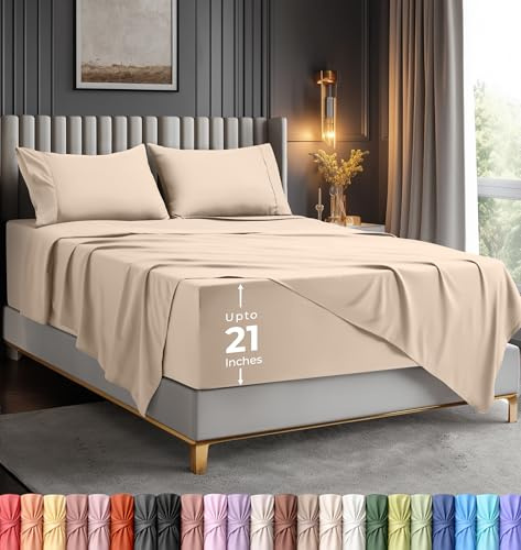 Utopia Bedding Queen Size Extra Deep Pocket Sheet Set – Fits Mattresses Up to 21 inches – Cooling, Soft & Breathable – Oeko-Tex 4 Piece Bed Sheets (Beige)