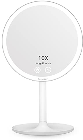 Auxmir Kosmetikspiegel LED Beleuchtet 10X Vergrößerung, Schminkspiegel mit 46 LED 3 Lichtfarben und Dimmbare Helligkeit, USB Wiederaufladbarer Makeup Spiegel 90° Schwenkbar für Schminktisch Reise