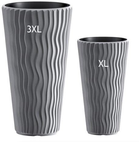 Blumentopf mit vertikaler Wellenoptik herausnehmbarem Einsatz Hoch 3D Effekt in Grau SET2: 3XL+XL