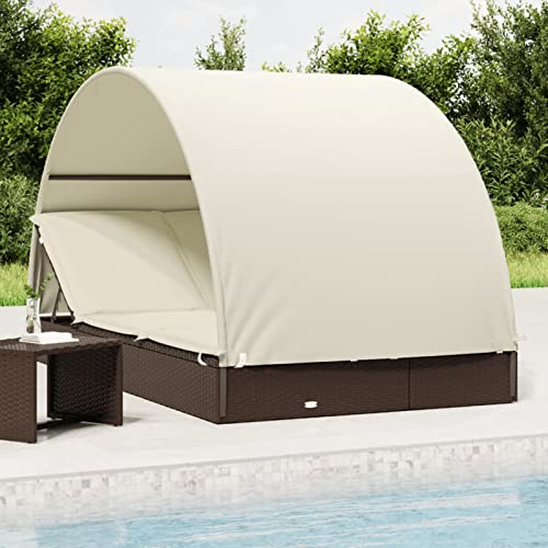 Festnight Poly Rattan Doppelliege Sonnenliege Mit Dach für 2 Personen - Gartenliege Outdoor Sonnenbett Loungebett Braun