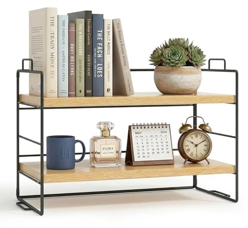 Milky Way Desktop Bookshelf Organizer, 2-Tier Wood Desk Shelf, Black Frame | Metal Bracket Design, Easy Assemble, Multi-Purpose Storage Rack for Office Kitchen Dorm Bedroom, Holds Books