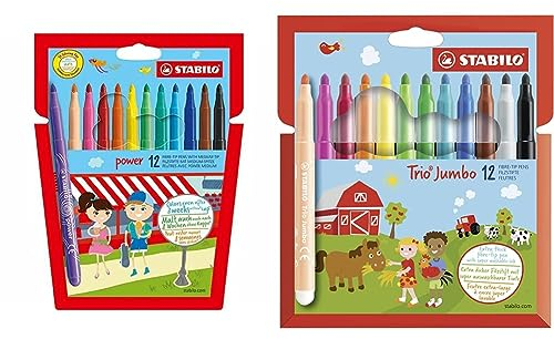 STABILO - Filzstift - power - 12er Pack - mit 12 verschiedenen Farben + Dicker Filzstift - Trio Jumbo - 12er Pack - 12 Farben