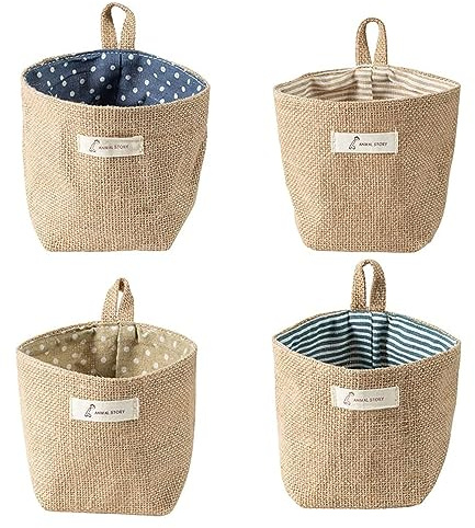 4 Piezas Bolsa de Almacenamiento de Yute de Algodón, Bolsa de Almacenamiento para Colgar, Cesta de Almacenamiento Plegable, 4 Colores, para Guardar Cosméticos, Llaves, Juguetes