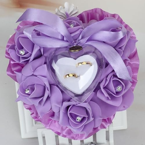 SYSUII Ringkissen Hochzeit Hochzeitskissen, Ehering Kissen Herzform Ringkissen Ringhalter mit Rose Strasssteinchen und Schleife Vintage Ringhalter Hochzeit deko Ringträger für Eheringe Verlobung-Lila