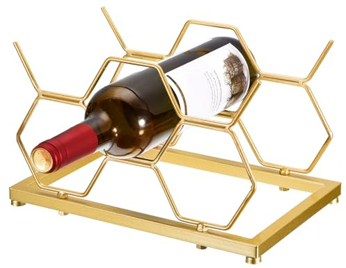 Uxcell Countertop Wine Rack, Tabletop Wine Bottle Holder for Up to 5 Standard Bottles, Freestanding Hexagon Wine Rack for Wine Cellar Bar Cabinet, Gold