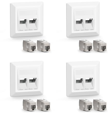 VCELINK 4 x 2 Port CAT6A Keystone Netzwerkdose Unterputz, Keystone Modul | Lan Dose 2 Fach, 10 Gbit/s Keystone RJ45 Modul, STP Vollgeschirmt, RJ45 Ethernet Datendose DSL Patchkabel Verlegekabel, Weiß
