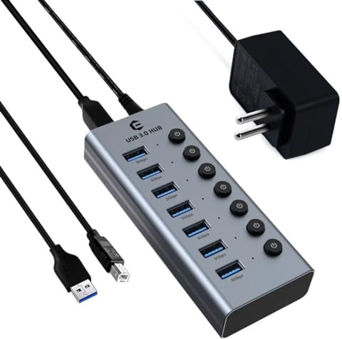 Tymyp Hub USB 3.0 con Fuente de alimentación Hub USB, 7 Puertos USB Hub Activo Extensión USB con interruptores Individuales ON/Off y 1 m de Cable para Surface, Laptop, PC, HHD, SSD