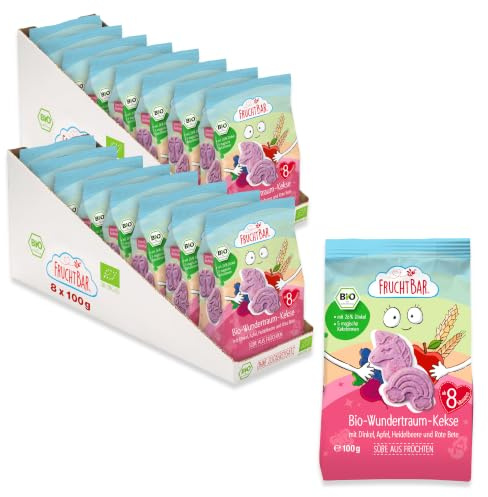 FruchtBar Bio Wundertraum Kekse mit Dinkel, Apfel und Heidelbeere, 16er Vorratsset zuckerfreier Kinder-Snack, für Babys ab 8 Monaten & Kinder, 16x100g