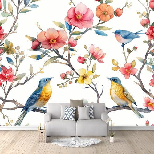 Carta da parati 200 x 140 cm Fotomurali in TNT Murale alla Moda Decorazione da Muro Panoramico Poster Design Carta per pareti Uccelli E Fiori Dell'Acquerello Fotomurale Ornamento