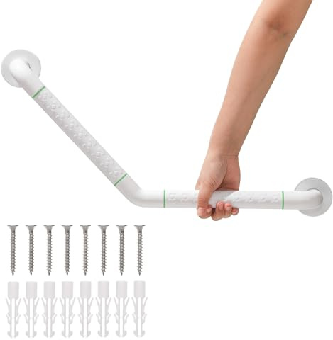 Fanwer Barre d'appui de baignoire à 135° avec poignée antidérapante et cercles lumineux de sécurité, poignée de bain en acier inoxydable, poignée murale de douche, porte-serviette.