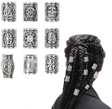 TUKEVA 9 Piezas Cuenta para barba vikingas Perla Vikinga para Barba Cuenta de Rastas Vintage de Aleación para Trenzar y Peinar la Barba para DIY Accesorios para el cabello Trenzas Decoración(Plata)