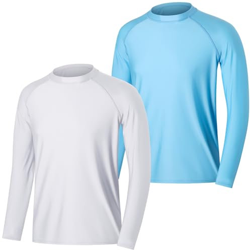 MASOCIO Schwimmshirt Herren Langarm UV Shirt Wasser Schwimm Oberteil Badeshirt Surfshirt UPF 50 UV Schutz Kleidung T Tshirt Langarmshirt Schutzkleidung Rashguard Männer 2 Pack M Weiß Blau
