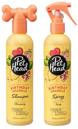 Bündel aus PET Head Birthday Sparkle Hundeshampoo und Hunde-Deo-Spray - Zuckerwatteduft, Pflegt und beruhigt empfindliche Haut, Hypoallergen, Vegan, Sanfte Formel für alle Hunde und Welpen