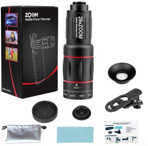 Sumsoctober Téléobjectif externe pour téléphone portable, zoom monoculaire extérieur, pour tous les types de téléphones mobiles, pour les voyageurs et les amateurs de plein air (standard 28x)