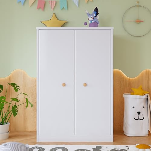 Moimhear Kleiner Kleiderschrank mit Stange, 2-türiger Kleiderschrank, Schlafzimmer, Wohnzimmer, Kinderkleiderschrank, MDF, Weiß