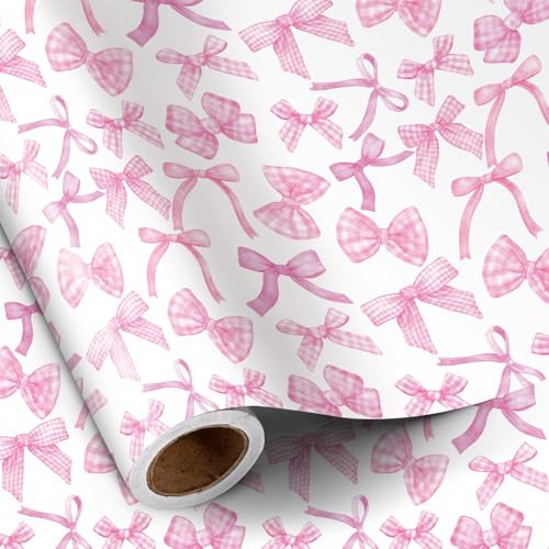 RUSPEPA Rosa Geschenkpapier mit Schleife für Mädchen und Frauen,Gingham-Geschenkpapier mit Schleife, Perfekt für Babypartys, Geburtstage, Hochzeiten, Brautpartys und Valentinstag, 43,2 cm x 5 m