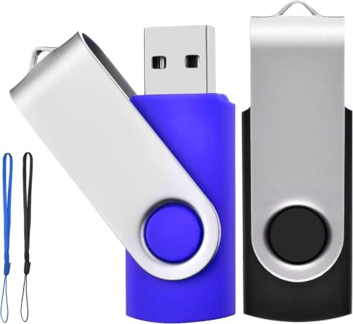 TEWENE Lot de 2 Clé USB 32 Go USB 2.0 Flash Drive Pivotantes, Noir/Bleu | Comprend une lanière, un design de coque rotatif, facile à transporter et largement compatible