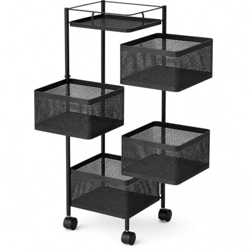 DUAS Rotating Storage Trolley – 4, 5, 6 Tier Kitchen & Bathroom Organiser with 360° Swivel Baskets – Space-Saving Metal Shelf Rack – Free-Standing with Lockable Wheels (5 Tier Square)