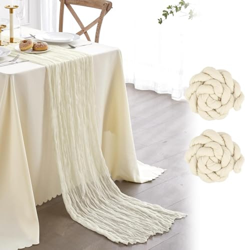 FOLAI 2 Stück Boho Tischläufer aus Käsetuch Table Runner Table Cloth – Rustikale Hochzeitstischdeko für Brautdusche, Geburtstag & Feiern (90x300cm) – Öko-Baumwolle & Wiederverwendbar （Cremefarben）