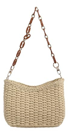 CORIOS Bolso de Mano de Paja para Mujer Bolsos de Playa de Verano Bolsos de Paja Tejidos a Mano Bohemio Bolso de Hombro Retro Bolso Tote para Estilo Boho para Viajes Beige