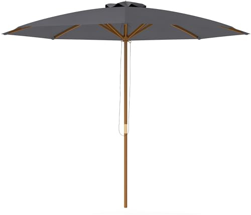 Outsunny 3(m) Garden Parasol, Pulley Operated Patio Umbrella, Wooden Parasol, Table Market Umbrella with Rope Pulley Mechanism and 8 Ribs, Dark Grey