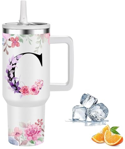 Thermobecher Personalisiert, Thermosbecher Kaffee to go Reisebecher mit Strohhalm,1.2l Edelstahl Trinkflasche Für Kohlensäurehaltige Getränke,Stylische Monogramm,Geschenke für Frauen und Männer(C)