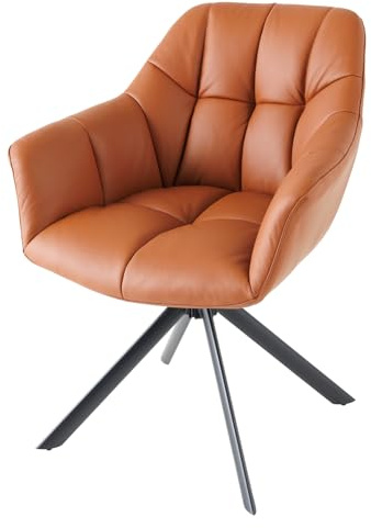 Stuhl PAPILLON - 65cm - cognac - Echtleder Metall-Beine drehbar Armlehne | Auto-Return-Funktion, Ziersteppung, hoher Komfort, bequeme Polsterung, pflegeleicht, langlebig, Esszimmerstuhl