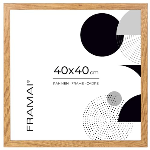 FRAMAI® Bilderrahmen Eichenfarbe 40x40 cm, MDF Umweltfreundlichem Rahmen mit Bruchsicheren Plexi, Aufhänger und Aufsteller