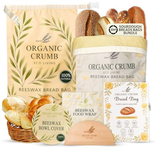 Organic Crumb Reusable Bread Bags for Homemade Bread (5 in 1) – 2 XL Cotton Beeswax Bags, Reusable Beeswax Wrap, Bowl Cover & Dough Scraper – Eco-Friendly Storage for Sourdough Bread Bags.