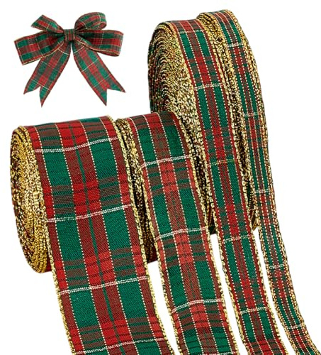 PH PandaHall 63m Nastro Natalizio Scozzese Nastro a Quadretti Rosso e Verde con Bordi Dorati, Nastri a Righe per Confezioni Regalo Decorazioni per Alberi di Natale Creazione di Fiocchi, 10.5~39mm