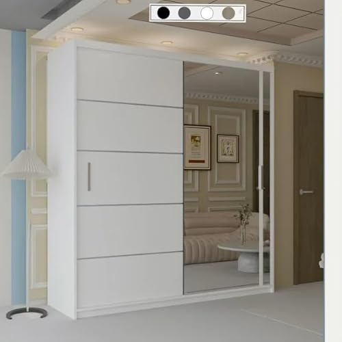 Deco Sliding Wardrobe Cabinet Bedroom Furniture LED Light Storage Shelves Hanging Rails Colours: White/Grey/Black/Oak Width 120cm/150cm/180cm & 203cm (White, 203cm)