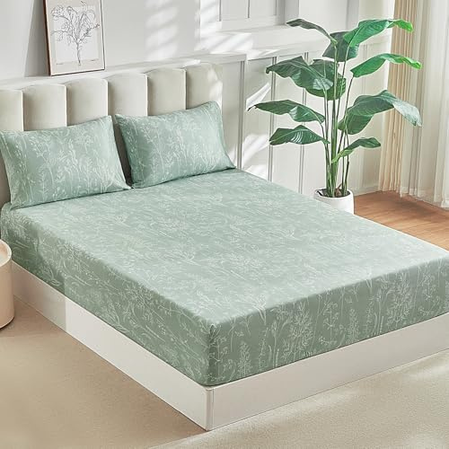 Tokokimo Lenzuolo con Angoli Matrimoniale 160x200 cm, Microfibra Morbida con 2 Federe 50x80 cm, Stampa Rami e Foglie, Profondità 35 cm Elasticizzato, Verde Salvia