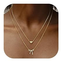 Dochais 2PCS Colliers Or Femme Nœud Papillon Cœur Collier Or 14 Carats Necklace Gold Ajustable Lot Colliers Doré Personnalisé Double Collier Ras du Cou Chaîne pour Femmes Filles Bijoux Cadeau