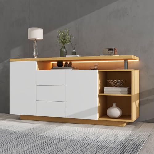 FammyLoft Sideboard Wohnzimmer mit 3 Schubladen und 2 Türen, Wohnzimmerschrank mit LED-Beleuchtung, Esszimmerschrank mit 2 Offene Fächer, Grifflose, Weiß und Eiche