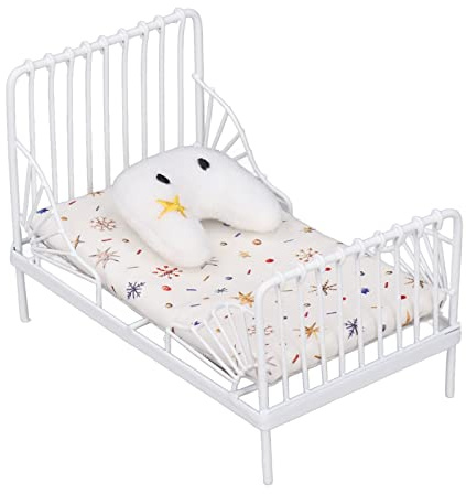 Zenithaur 1:12 Puppenhaus -Bett Set, Miniaturpuppenbett mit dekorativem Kissen und Metallrahmen für Kinderspielzimmer (Sternmuster)