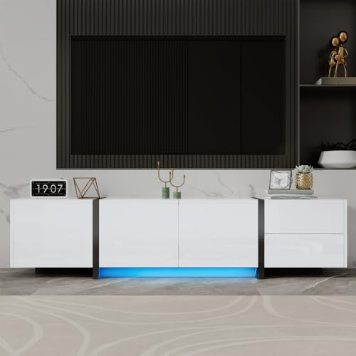 OOIILLEE Meuble TV, Buffet Bas, Meuble TV LED, Meuble Blanc Brillant et Pieds de Table Noirs Contrastants, avec Portes et tiroirs Simples, avec Bande Lumineuse LED