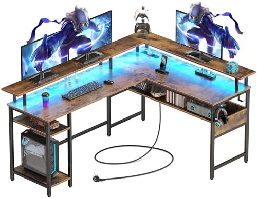Rolanstar Gaming Tisch L Form, Schreibtisch mit Steckdose & LED, 137 x 108cm Computertisch mit Monitorständer & Stauraum, Reversibler Eckschreibtisch für Büro, Arbeitszimmer, Schlafzimmer
