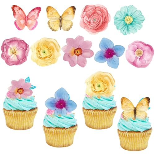 Edible Cake Decorations, Flower Cake Decorations, 52 Pieces Edible Flowers for Cakes, Cupcake Toppers for Wedding, Baby Shower, Kids Birthday Party, Vegan Dessert Decor, 5.6 X 2.5 Cm Wafer Paper