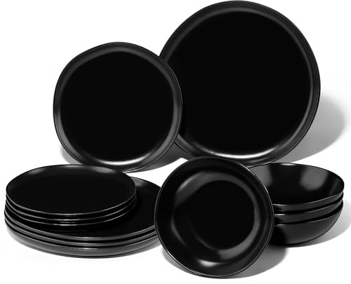 Joyfair 12 Pcs Stoneware Dinner Set Service for 4, Matte Black | Reactive Glaze & Irregular Shape, Chip & Scratch Resistant, Plates & Bowls Dinnerware Set, Oven & Microwave & Dishwasher Safe