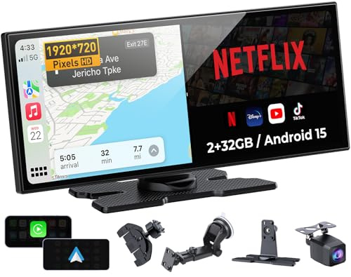 Aphqua Pantalla de coche de 10,25 pulgadas con CarPlay y Android Auto, Netflix y YouTube, cámara de visión trasera HD, Wi-Fi de doble banda, función de pantalla dividida, pantalla integrada