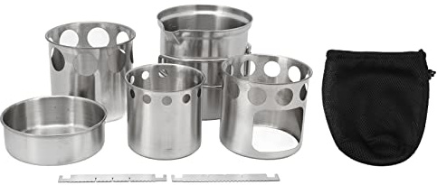 Juego de utensilios de cocina para acampar de acero inoxidable, juego de ollas de cocina portátil para exteriores con estufa a prueba de viento y soporte antideslizante, kit de