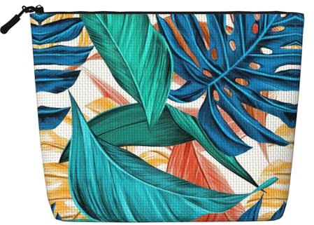 Tropical Palm Tree Leaf Makeup Bag Large Capacity Fake Hemp, Portable Zippered Case Water Resistant Toiletry Pouch