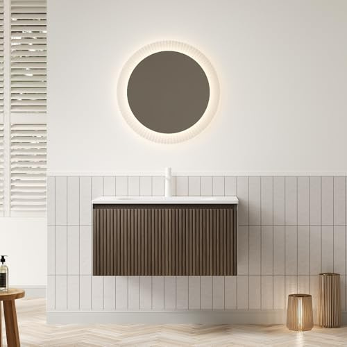 Generisch Lavabo da bagno da 80 cm, montaggio a parete, con lavabo in pietra artificiale bianca, armadietto in compensato con cassetto a chiusura rallentata in venature di quercia, premontato