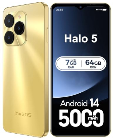 invens Halo 5 Smartphone Ohne Vertrag - 7GB(4+3)+64GB /256GB Android 14 Handys, 6,52 Zoll Bildschirm 5000mAh Handy Günstig, 16MP+8MP Kamera, 4G Dual SIM/Face ID/GPS/3.5mm Jack, Gold
