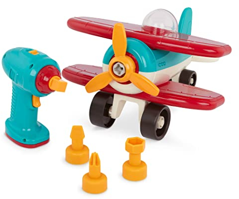 Battat- Take-Apart Airplane with Drill Aereo Montabile e Smontabile-Aereoplano Trapano-Costruzione di Giocattoli per Bambini dai 3 Anni in su (25 Pezzi), Colore Blu e Rosso, BT2517Z
