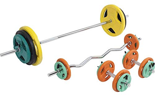 GORILLA SPORTS® Hantelset 108 kg mit Langhantel, SZ-Stange und Kurzhanteln | 18 gummierte Gusseisen-Hantelscheiben mit Eingriffen, 8 Federschlüsse oder Sternverschlüsse, bodenschonend und rutschfest