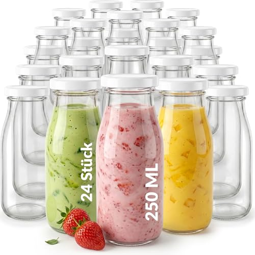 casavetro Botellas de Cristal para Leche, 250 ml, Botellas de Licor, 24 Unidades, Botellas de Zumo vacías, tapón de Rosca, para Rellenar (24 x 250 ml)