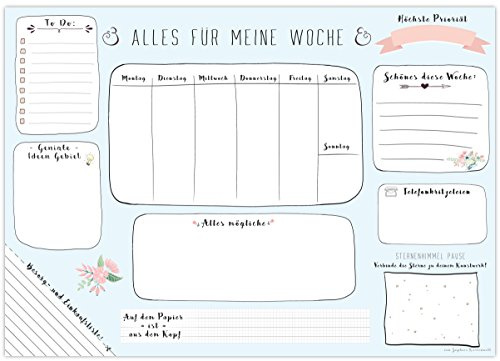 Sophies Kartenwelt Schreibtischunterlage Papier DIN A3 Wochenplaner Blau | DIN A3 (42x29,7 cm), 25 Blatt Papier. Praktischer Abrissblock mit Wochenplaner für Kinder & Erwachsene. Made in Germany.
