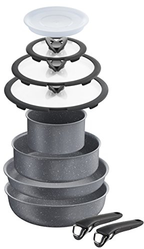 Lagostina Ingenio Induction Classico Batteria di Pentole, ad induzione, Effetto Pietra, Alluminio Antiaderente, Grigio, 16 cm, 10 Pezzi