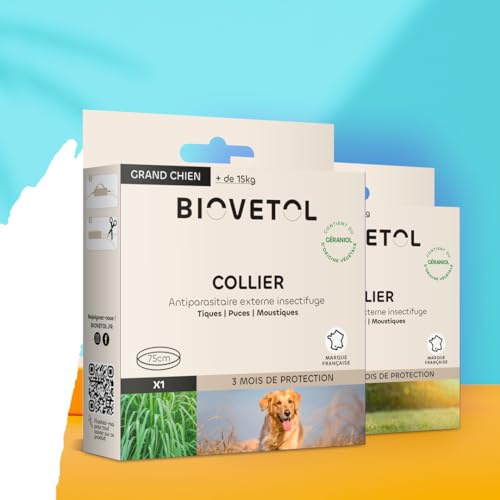 Biovetol - Collier Anti puces pour Chien Naturels d'origine Végétale- Protection 3 Mois- Réglables et Imperméables pour Petits Chiens (-15kg) - 35cm